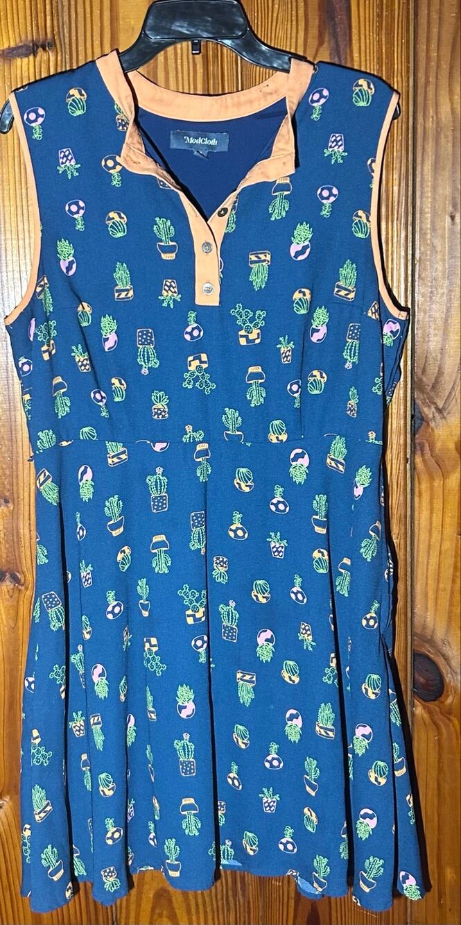 Modcloth "Field Questions" A-Line Cactus Novelty Print Blue Orange Dress XL